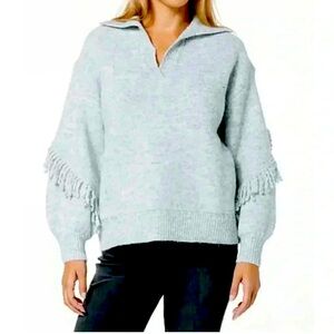 Democracy Long Blouson Sleeve Cascading Fringe Sweater Heather Grey‎ size large